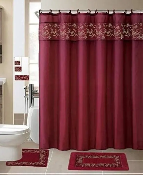 Comfy Deal 18 Pieces Shower Curtain with Matching Fabric Hook, Embroidery Bath Mat,Contour Rug and Towel Set (Burgundy)