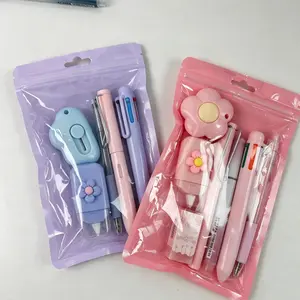 Two sets in pink and purple7Pcs Kawaii Pastel Flower Stationery Set | Aesthetic School Supplies Kit with Multi-Color Pens, Correction Tape, Eraser & Cutter, Cute Back to School Gift for Girls