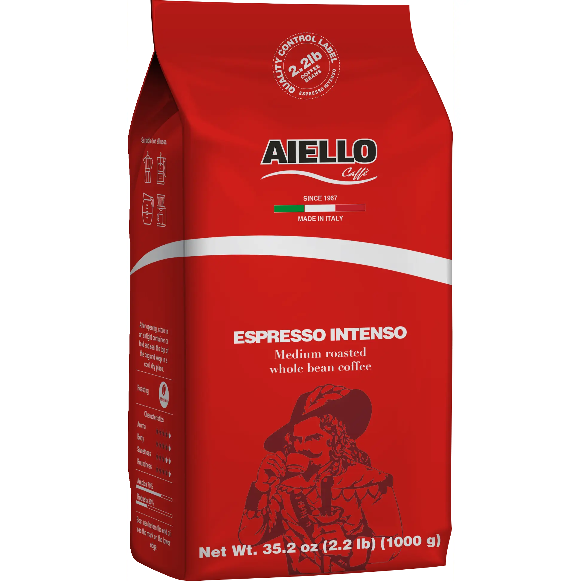 Aiello Caffé Italian Espresso Intenso Coffee Beans, Medium Roasted Whole Bean Coffee Blend