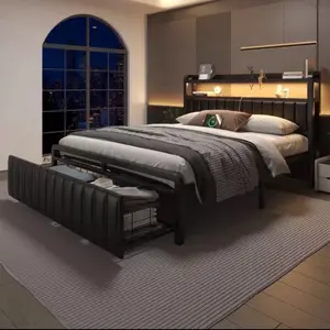 PU Leather Full Queen Metal Size Bed Frame with Storage Drawers and  LED Lights