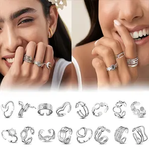 16Pcs Stackable Stainless Steel Rings for Women Chunky Silver Rings Non Tarnish Ring Open Adjustable Thumb Finger Statement Ring Set