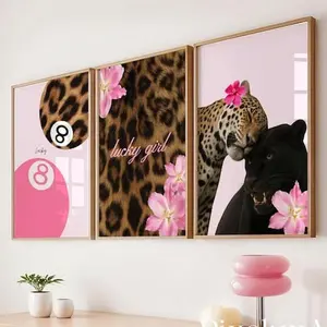 Pink Leopard Wall Art Set of 3 Preppy Cheetah Gallery Posters, Girly Y2K Fashion Poster for Teen & Dorm Room Decor, Trendy Stylish Pink Posters