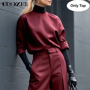 UOOZEE Lady's 2025 New Spandex Fashion Sweatshirt - Burgundy, Round Neck, Half Sleeves, Loose Fit, Elegance Everyday Style, Spring Autumn Casual Streetwear (Only Top), Basic, Women