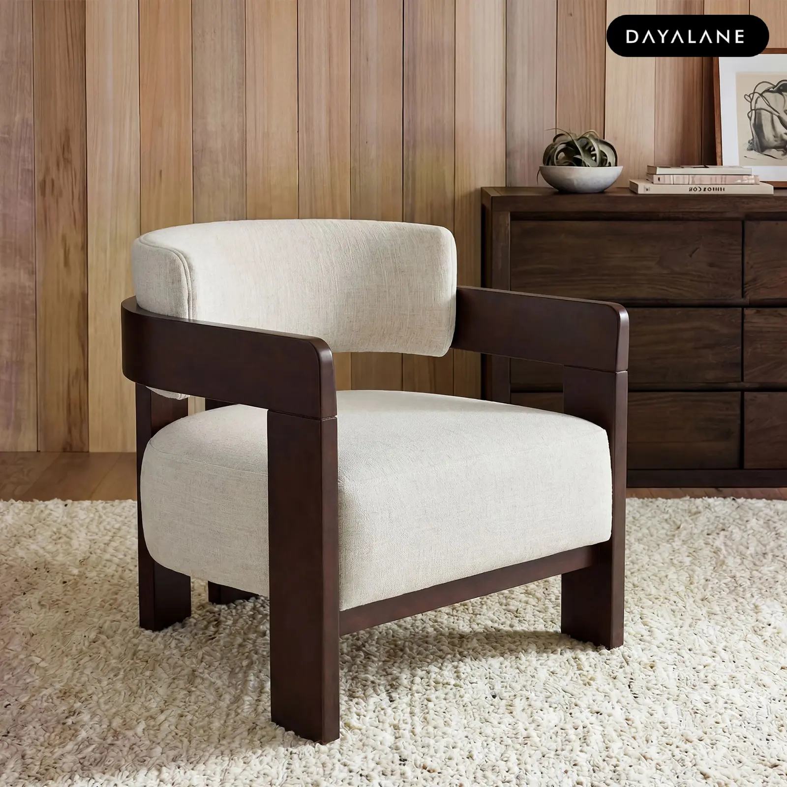 [BackToSchool]DAYALANE Vintage Lounge Chair with Upholstered Comfort For Living Room Beige Linen Mid Century Accent Chair Home Leisure Chair Fabric Upholstered Chair