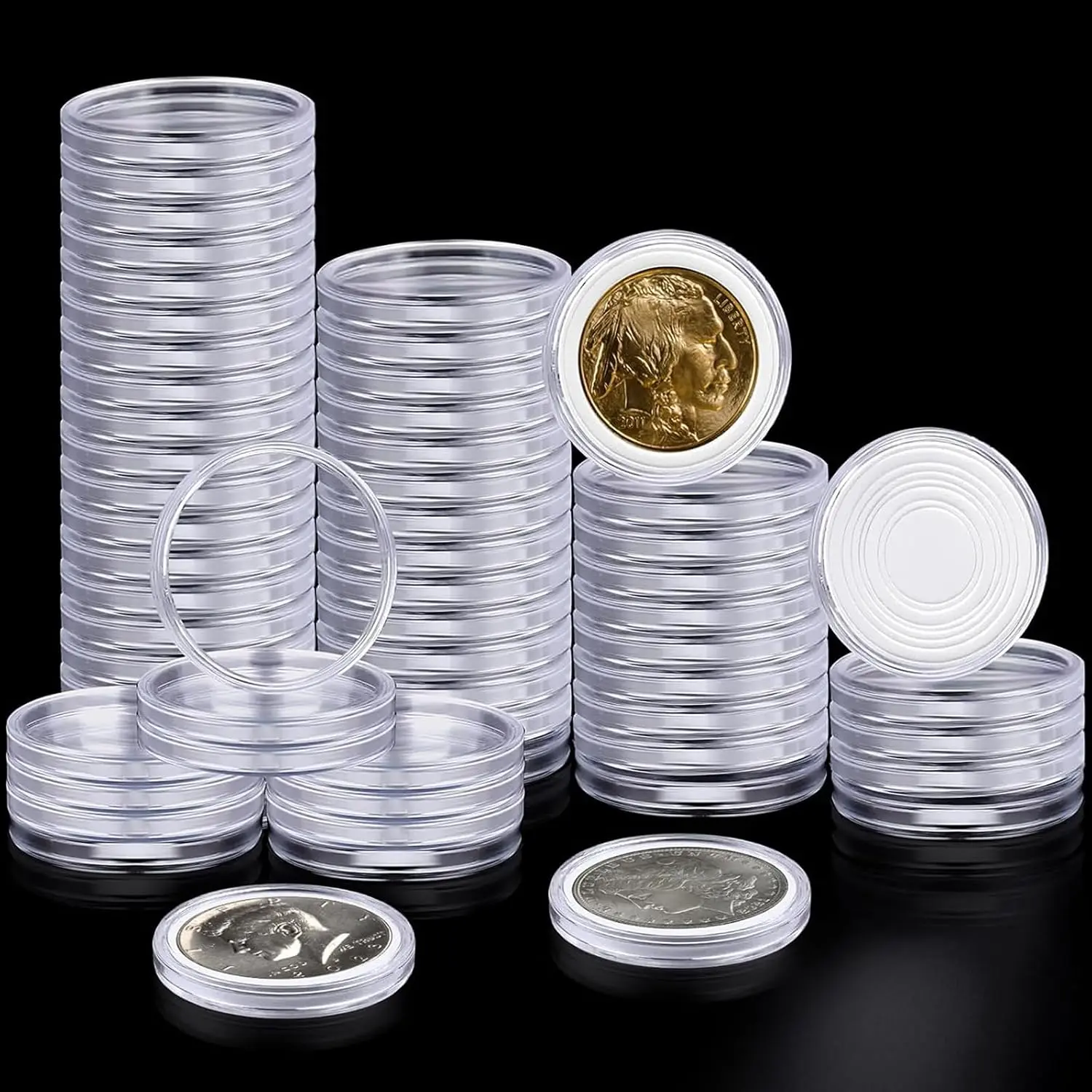 63PCS Silver Dollar Coin Holder, Clear Coin Capsules for Collectors | Plastic Coin Case for Morgan Silver Dollar, Coin Protectors with Adjustable Gasket\