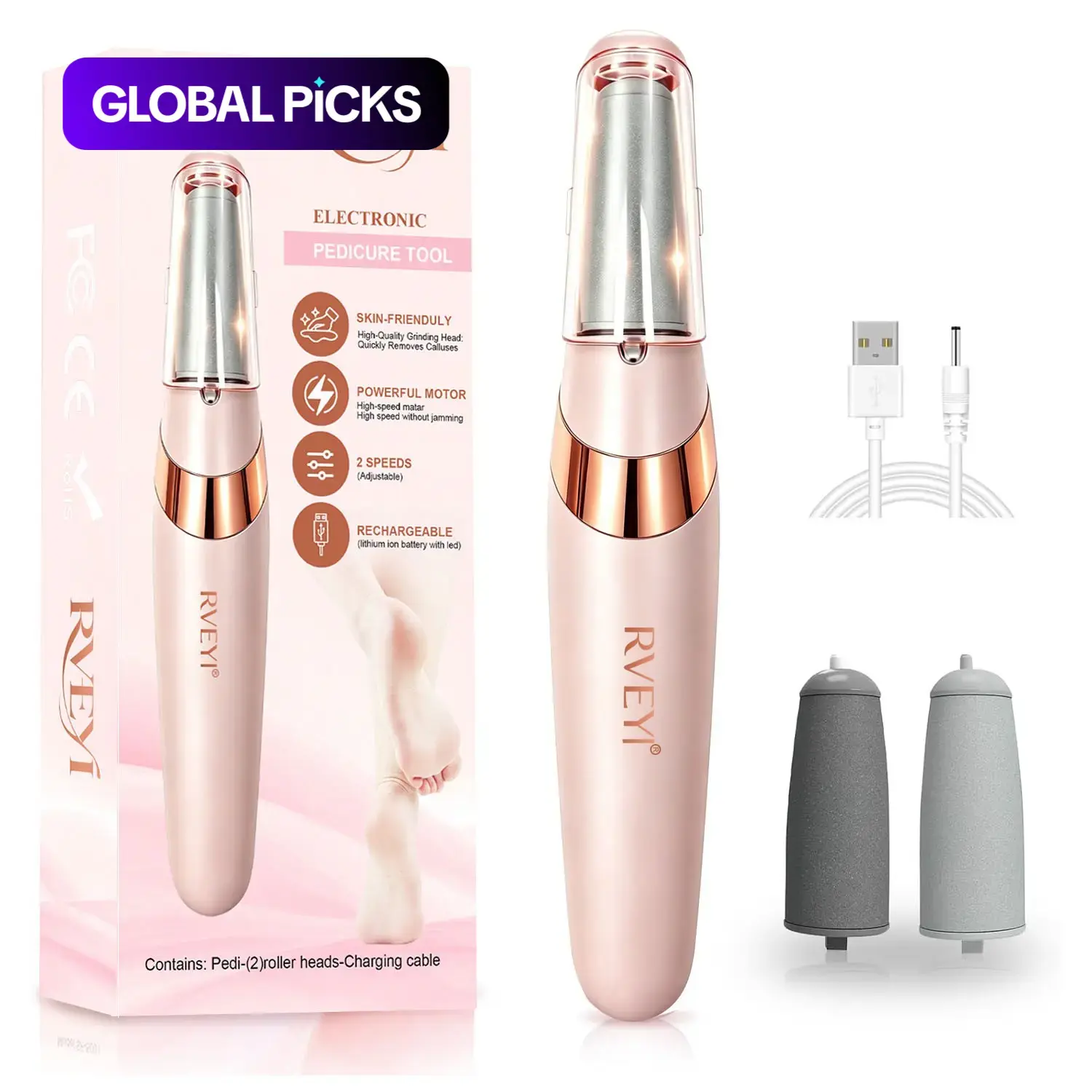 Rechargeable Electric Foot Callus Remover, Electronic Foot File with 2 Adjustable Speeds, Washable Grinding Head and LED Light, Cordless Portable Pedicure Tool, Dead Skin Remover and Foot Rasp #GLOBAL PICKS