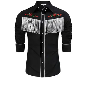 BLUEMING Men's Western Cowboy Fringe Shirt Costume Long Sleeve Casual Hippie Slim Fit Button Down Shirt,Black tassel - M