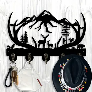 2D plan, deer and pine silhouette Decorative wall mounted key holder (thickness 0.5cm) wooden storage rack with hooks, suitable for hanging decorations in entrances, kitchens, bedrooms, offices, new home gifts, anniversaries, birthday gifts, Hat Hanger