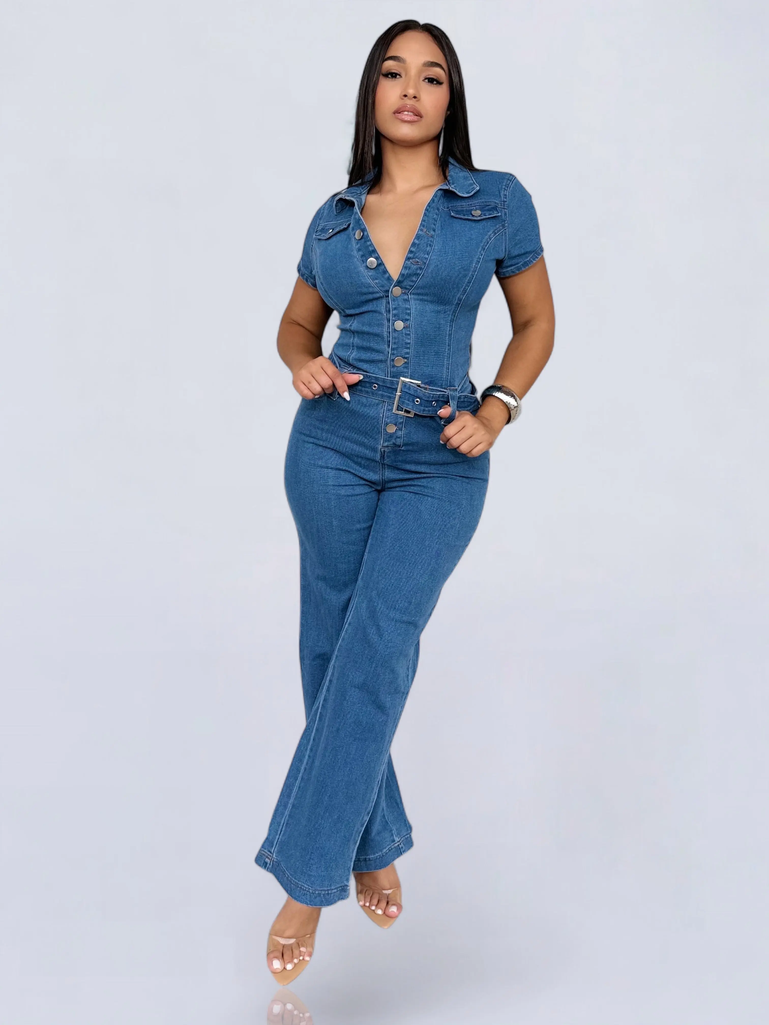 Stretch Denim Belted Jumpsuit  Short Sleeve One Piece for Women Cotton Spandex