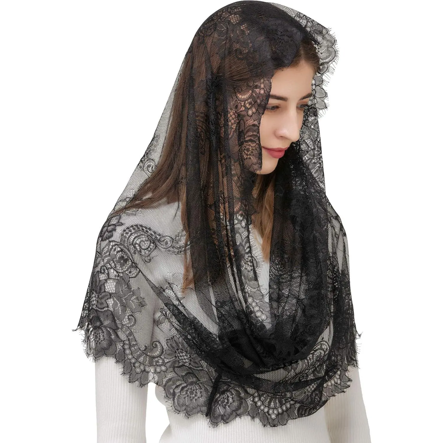 Vintage Inspired Mantilla Veil for Women, Spanish Style Embroidered Lace Infinity Scarf Head Wrap for Latin Mass, Lace Shawl, Headscarf, Prayer Scarf, Lacy, Church, Lightweight, Scarf Style