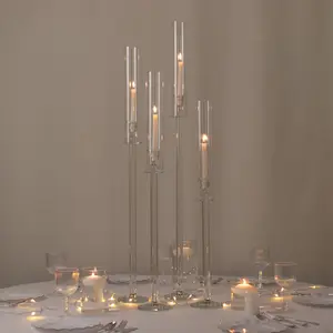 Set of 4 Crystal Glass Hurricane Taper Candle Holders, Clear Cylinder Chimney Tubes - Decorative Tall Candle Stands 29", 33", 37", 41"