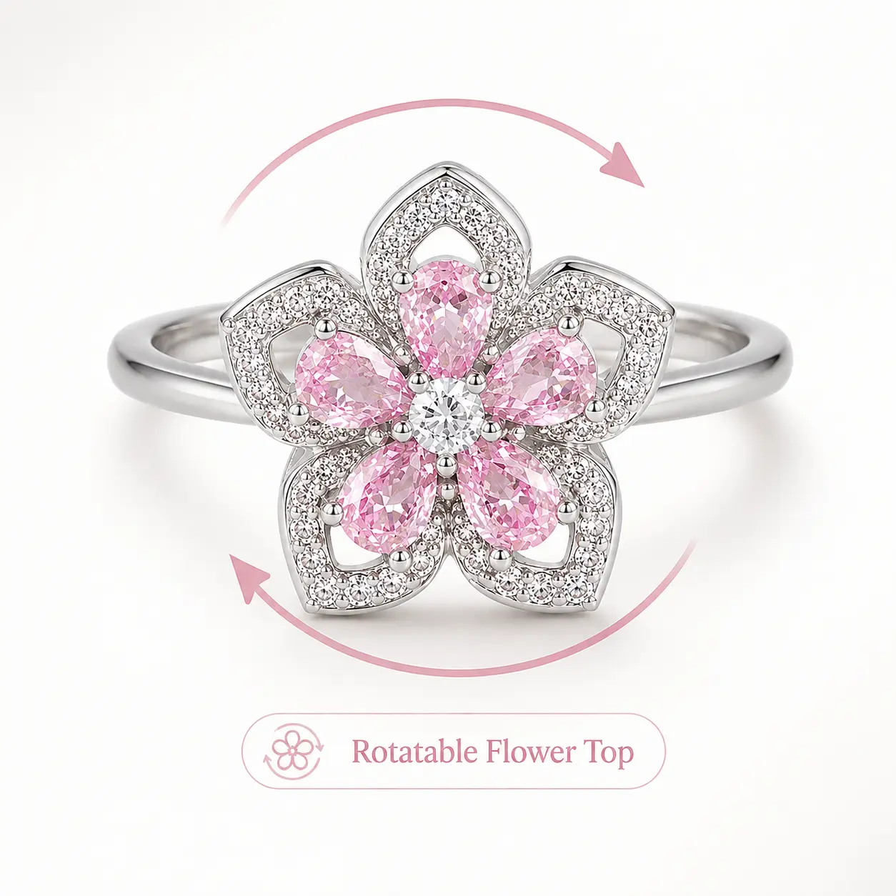 Rotatable Pink Flower Ring for Women, Silver Tone Alloy Statement Ring with Sparkling Cubic Zirconia, Floral Spinner Ring for Everyday Wear, Parties and Gifts