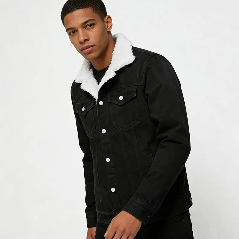 Men's Trucker Jacket in Heavyweight Cotton Denim - Fitted Cut Outerwear with Plush Interior, Warm Menswear Tops with Front Flaps, Soft, Classic, Casual, Holiday, Medium Length, Warm Fleece, Coats, Plain, Jean Jacket, Front Flap Pockets, Metallic, Distinct