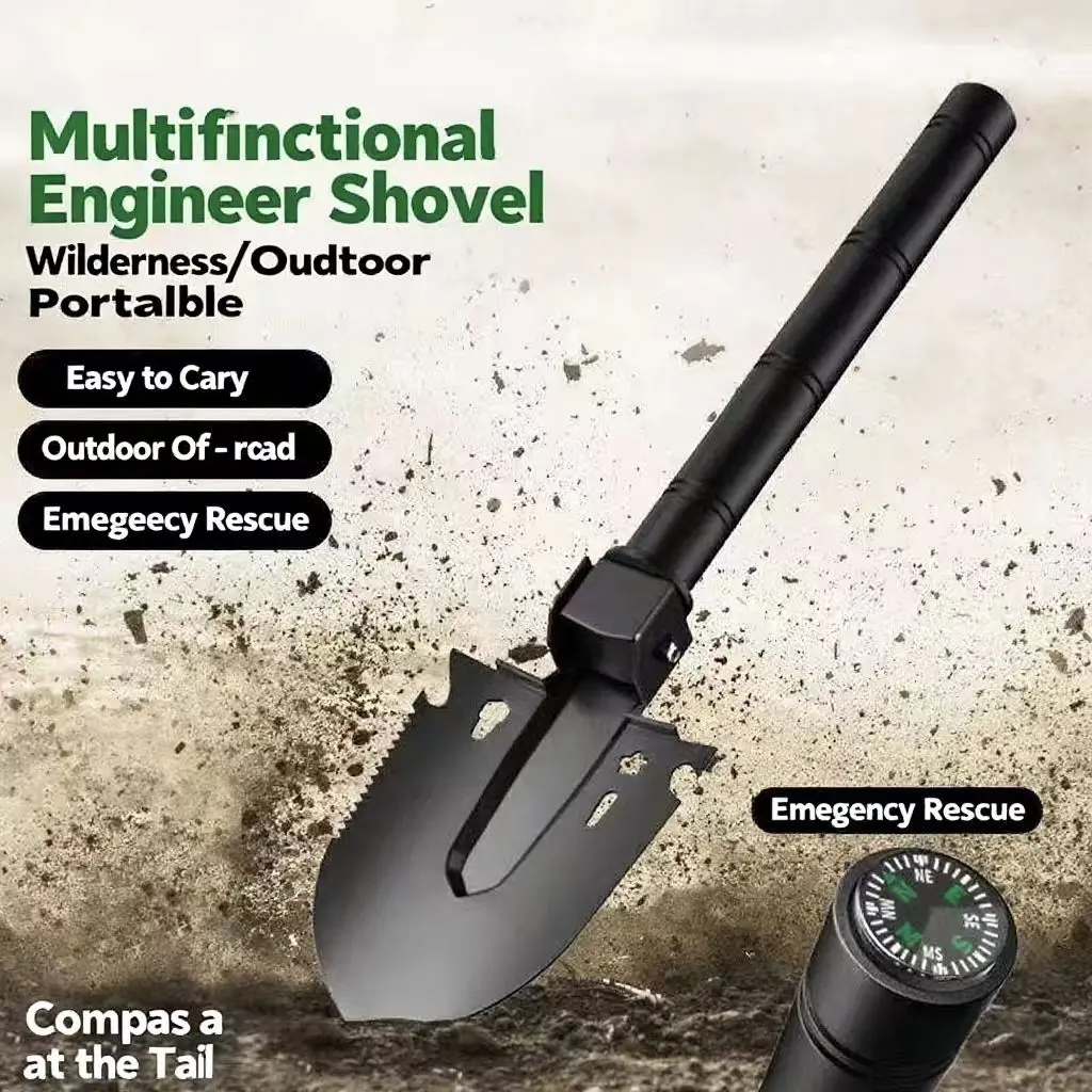 Tough Engineer Shovel – Ideal for wilderness, off - road, rescue, fishing. Has compass, hex wrench, saw. Sturdy, portable. Essential for outdoor pros!