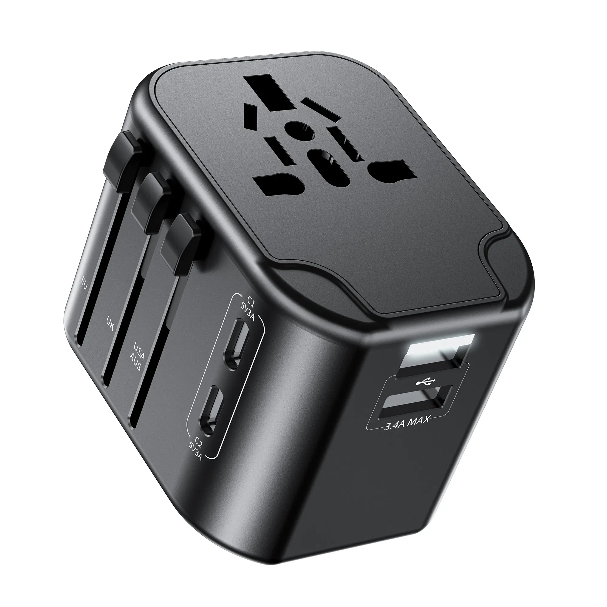 Worldwide travel adapter, socket adapter with 2 USB A, 2 USB C and 1 AC socket, international socket adapter for Germany, USA, UK, France, Spain, Japan, Thailand, Italy and over 200 countries.
