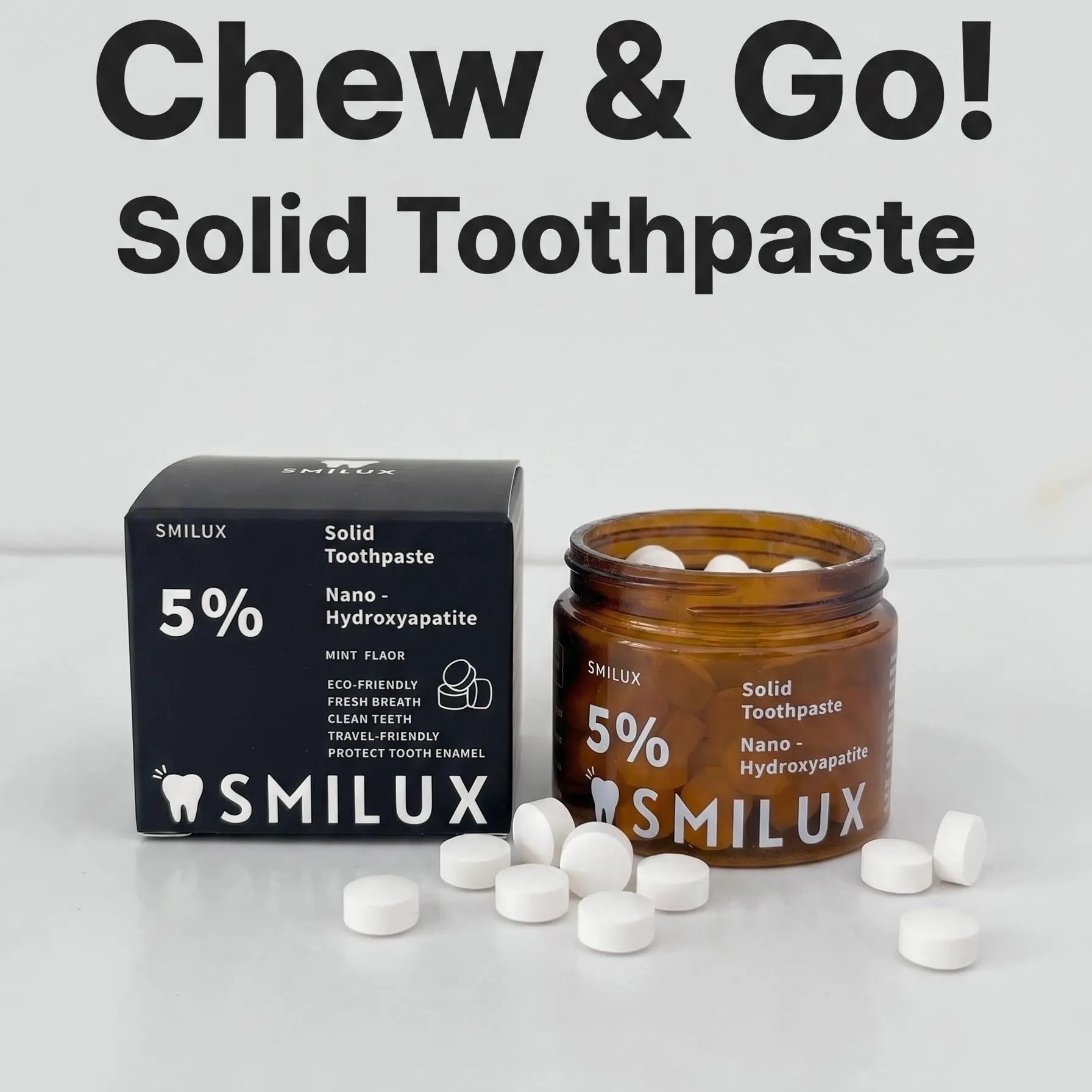 SMILUX 5% Nano Hydroxyapatite Solid Toothpaste Tablets, Chewable Mint-Flavored Lightweight Gentle Mild Sensitive Solid Toothpastes for Daily Teeth Cleaning, Travel Friendly