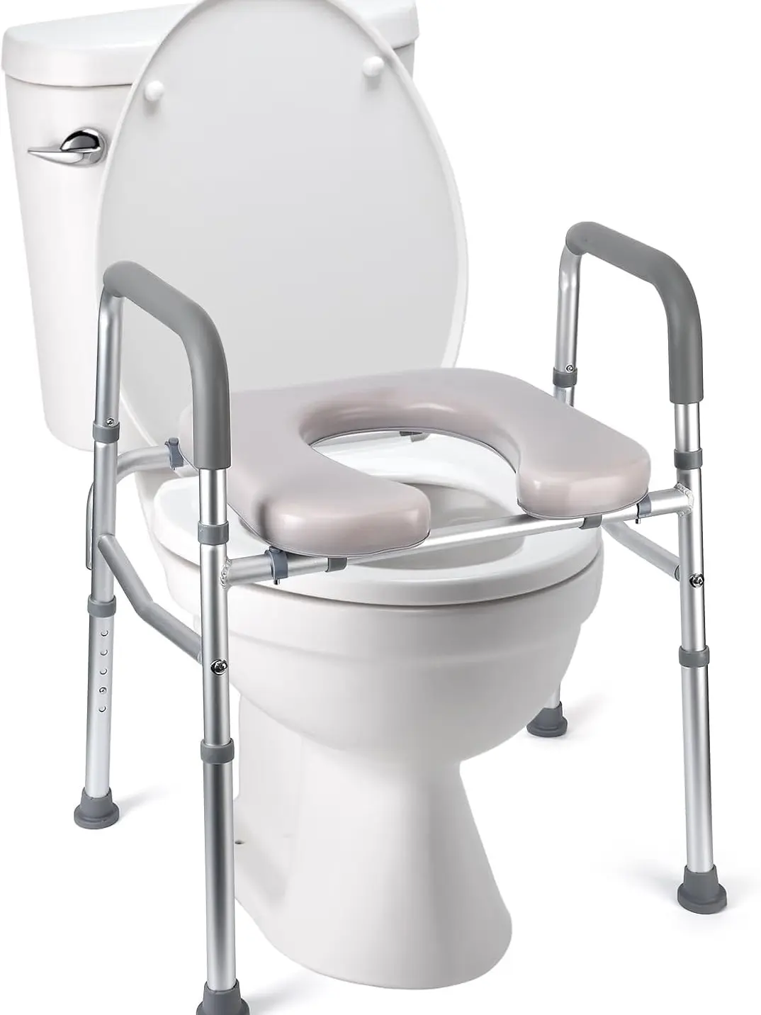Aluminum Toilet Seat Riser with Soft Rubber Handrails, Height-Adjust, Sturdy Padded Waterproof Design, 350lb Capacity, Quick Setup, Universal Fit for Seniors & Pregnant Women - Bathroom Safety Accessory