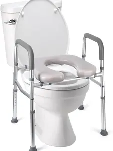 Padded Aluminum Toilet Seat Riser with Handles, Height-Adjustable, 350lb Capacity, Quick Setup, Universal Fit for Seniors (Bathroom Safety Accessory)