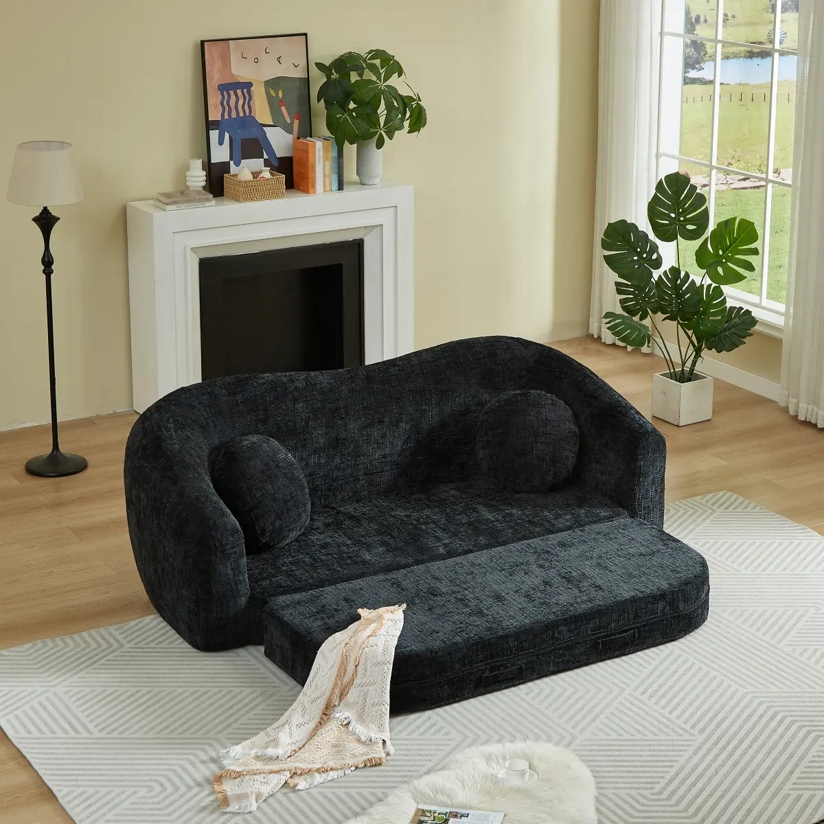 86-inch Curved Convertible Sofa Recliner, 2-in-1 Frameless Folding Sofa Bed with Pull-Out Base and Deep Seat Design, Chenille Two-Seater Reclining Sofa, No Assembly Required,Vacuum Pack Sofa – Unbox & Use