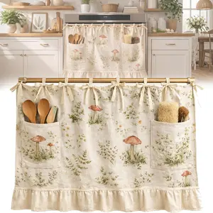 1PC Oven Skirt Curtain with Pockets, Handmade Oven Skirts, Modern Farmhouse Kitchen Decor, Ribbon Ties, Tabs & Ruffled Trim, for Dishwashers, Washing Machines & Ranges, Hide Clutter, Storage Cover