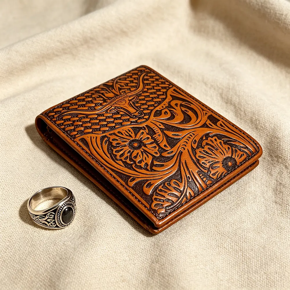 Men's Western Genuine Cowhide Leather Wallet, Floral & Ox Head Embossed Short Bifold, Cool Gifts for Guys, Western Cowhide Wallet, Durable Bifold Wallet, Men's Accessories