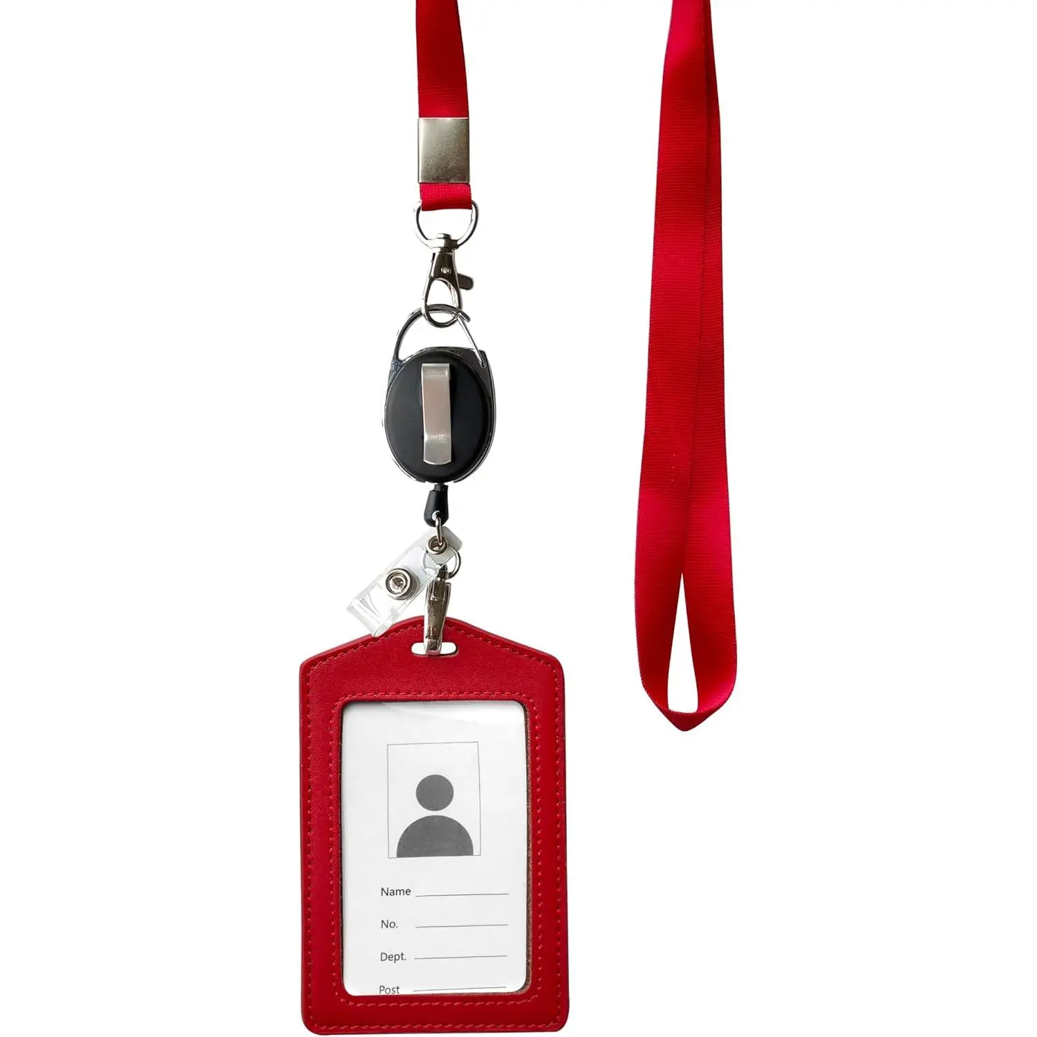 ID Card Case + Heavy Duty Lanyard (Red)+ Badge Holder Retractable Reel Carabiner and Plastic Clip (Soft  Case)