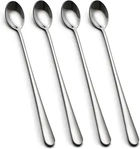 Long Handle Ice Tea Spoons, 9-Inch Coffee Ice Cream Stainless Steel Cocktail Stirring Spoons, Set of 4