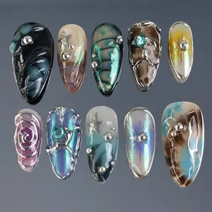 A27 Metallic Aura Press-On Nails, Chrome Marble and Star Design, Iridescent Blue Brown Mix, Luxury Abstract Style, Party Nails, Gift for Her