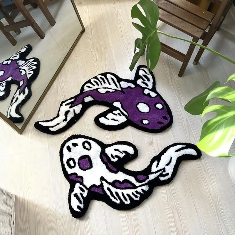 2pcs Cartoon Fish Rug, Koi Pattern, Creative Irregular Living Room Bedroom Carpet, Home Decorative Rug, Soft Comfortable Washable Home Decor Mat, Home Decor Rugs