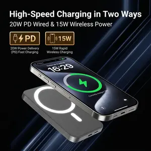 ArtCyber Magnetic Portable Power Bank 5000mAh, 3-in-1 Wireless & Wired Fast Charging (15W Wireless, 20W PD), Built-in Cables with Card Holder Wallet Design, Slim Travel Battery Pack Compatible with iPhone & Android