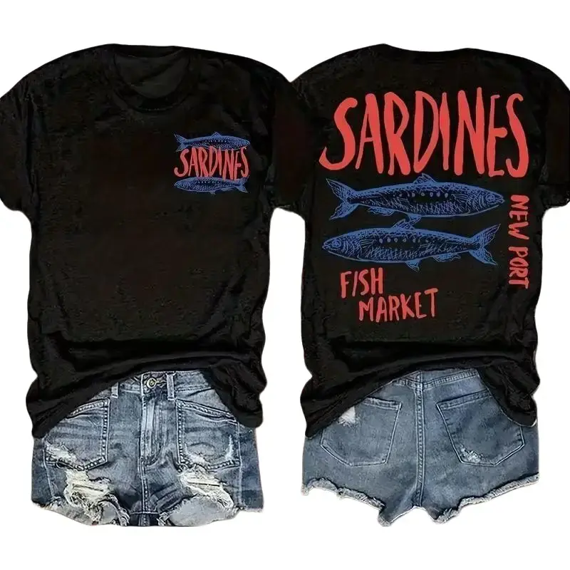 Newport Sardines Fish Market T-Shirt, Coastal Graphic Two-Sided Tee, Beach Casual Outfit, Nautical Seafood Shirt