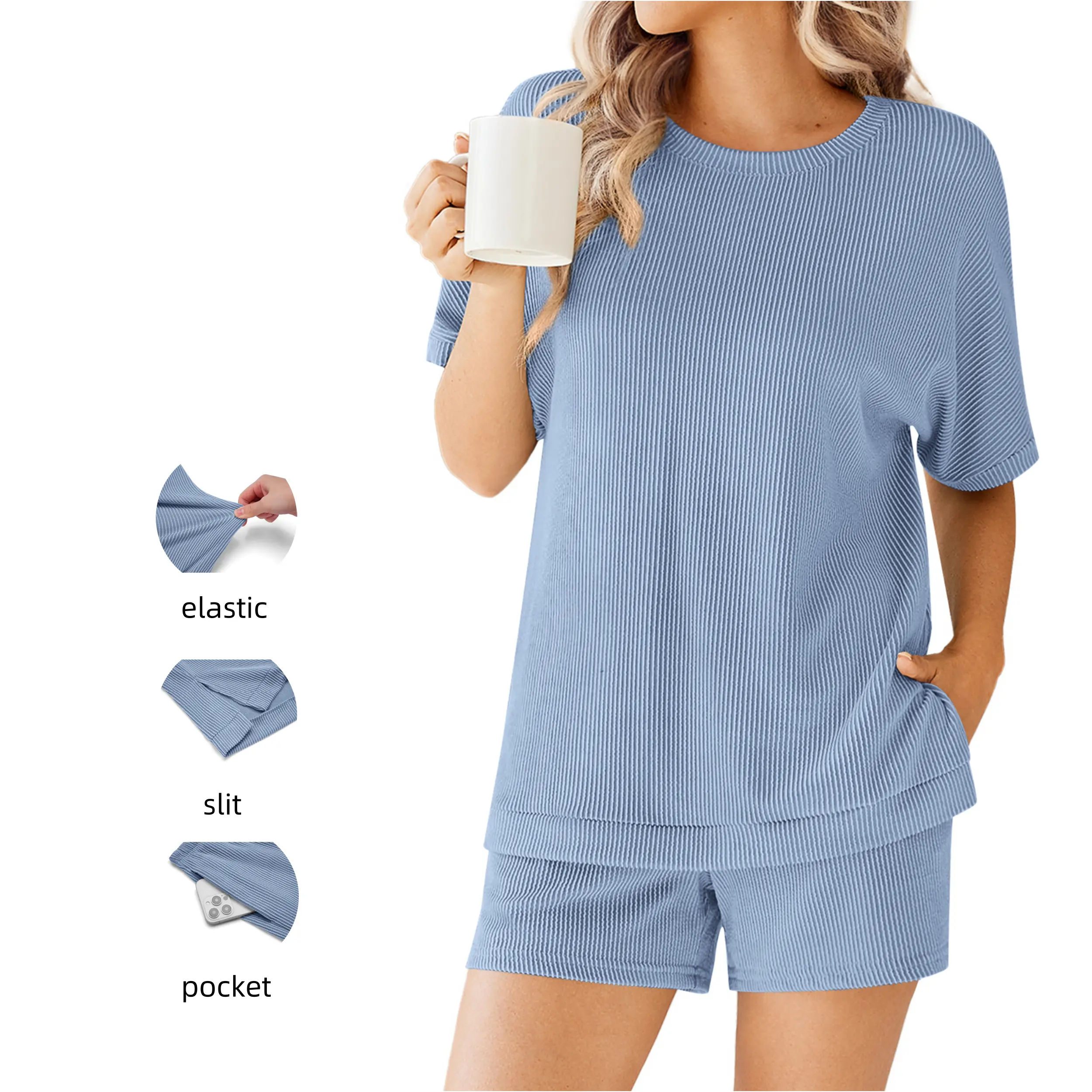 Ekouaer Women's Two-Piece Pajama Set Casual Set 2026 Spring Summer Cruise Collection，Ribbed, loose-fitting short-sleeve set with pockets; top features a slit