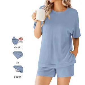 Ekouaer Women's Two-Piece Pajama Set Casual Set 2026 Spring Summer Cruise Collection，Ribbed, loose-fitting short-sleeve set with pockets; top features a slit