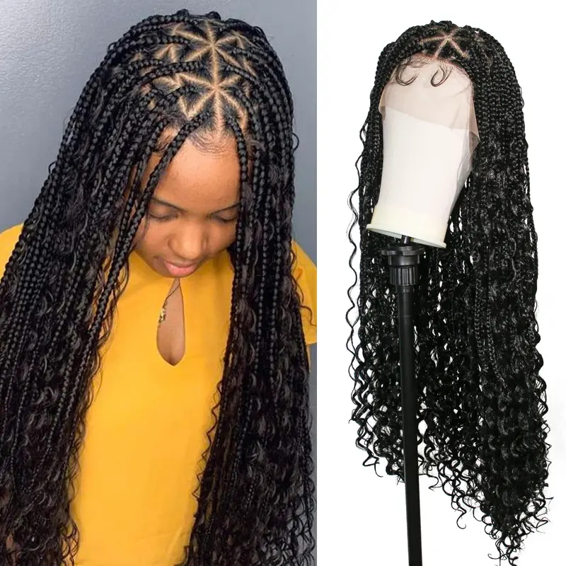 36" Full Lace Triangle Knotless Braided Wigs Lace Frontal Box Braided Wigs for Black Women Human Hair Blended Full Double Lace Braid Wig with Baby Hair Braids Lace Front Wigs for Women