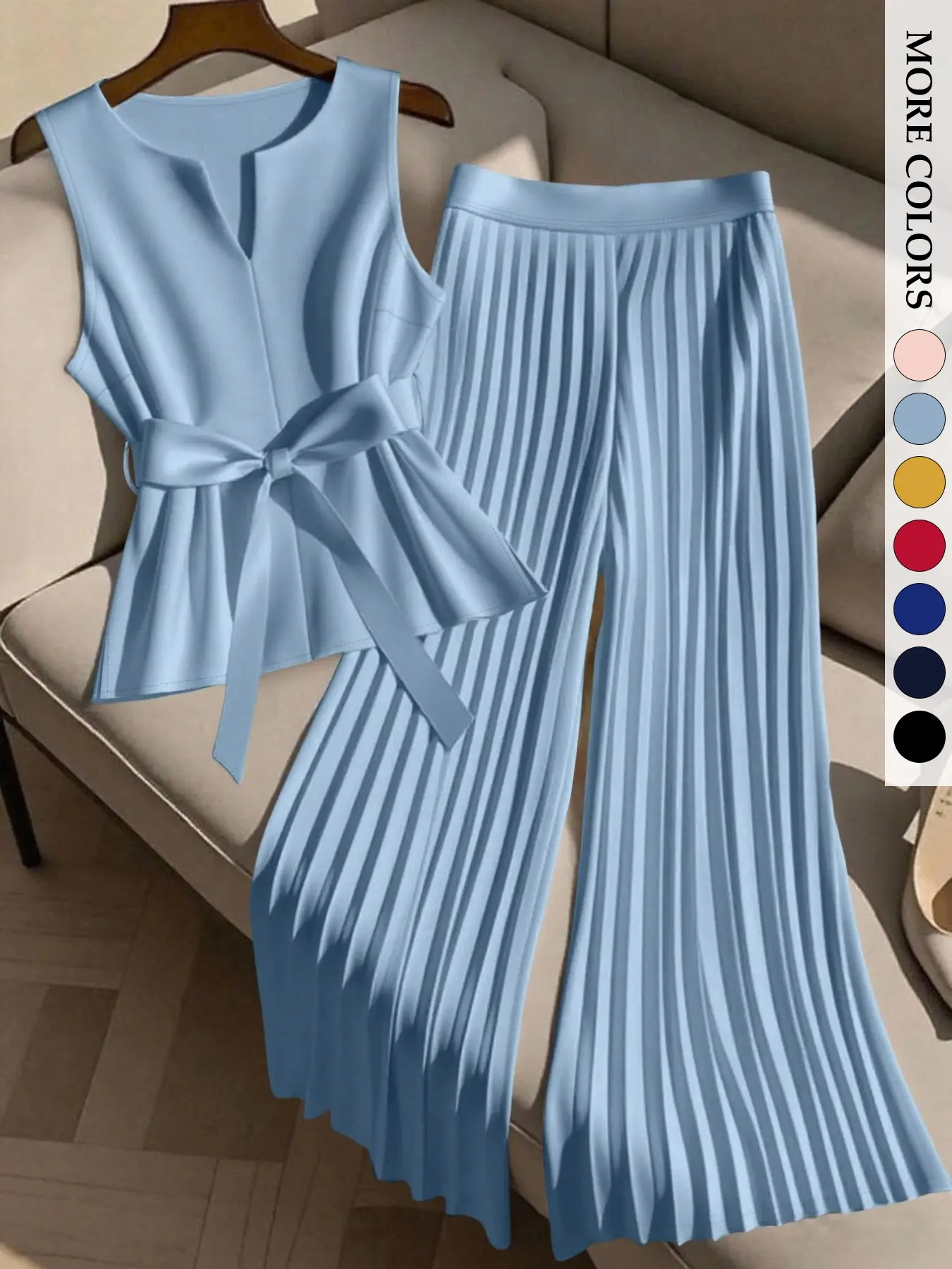 Women's Plus Size 2 Piece Set, Sleeveless V-Neck Peplum Top & Pleated Wide Leg Pants, Tie Waist Flowy Chic Elegant Office Wear, Summer Matching Outfit Clothes