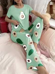 Women's Avocado Print Short Sleeve Tee & Elastic Waist Pants Pyjama, Casual Comfy Two-piece Pj Set, Ladies Sleepwear & Loungewear, Pajamas for All Seasons, Pajamas for Adults