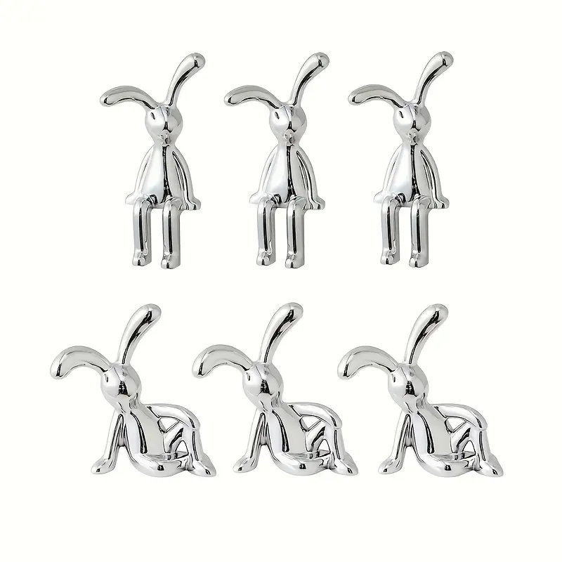 6-piece silver plastic mini bunny statue Figurine-Nordic style Lopunny decorations Ornaments, used for New Year decoration, car decoration (3 sitting straight +3 sitting sideways).
