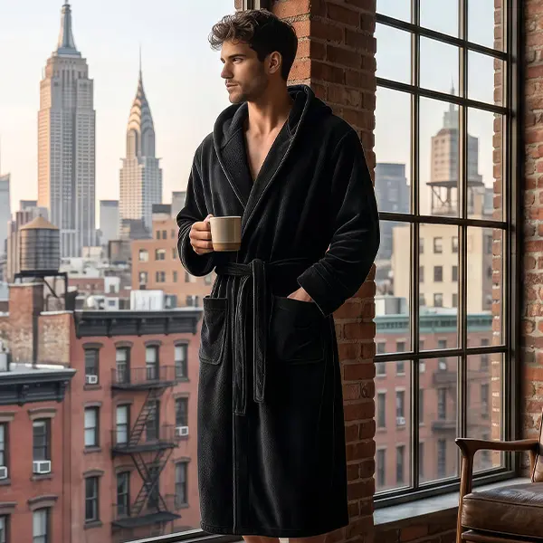 NY Threads Menswear Men's Hooded Plush Fleece Robe - Basic, Stylish Soft Fluffy Loungewear Bathrobe with Pockets and Adjustable Tie Belt