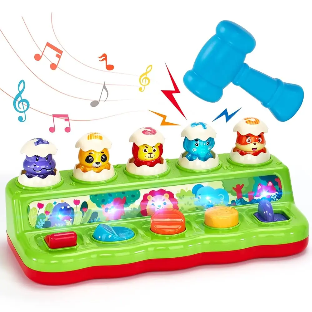 Hahaland Pop Up Toy with Music and Light Pounding Egg - 5 Surprise Animals & 3 Play Modes,  Early Developmental Montessori Set, Cause and Effect Toys for Babies, Toddler Sound Machine, Grandparent Gift Ideas   , Musical Light Up, Toddler Toys