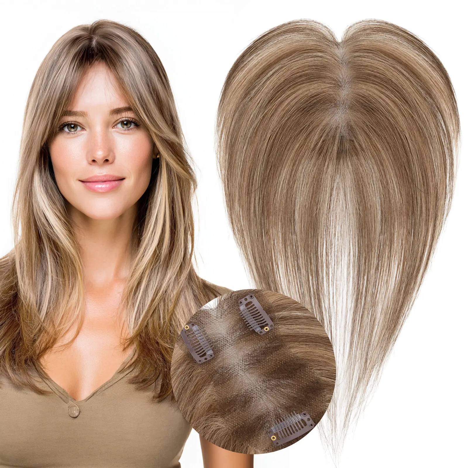 SEGOHAIR Handmade 100% Real Human Hair Toppers for Women, Air Bangs, 360° Full Coverage, 3D Secure Lightweight Clips, 2.76"x4.33" Scalplike Breathable Lace Base, 11in Hairpieces for High Hairline & Gray Hair, Natural Look, Daily Use