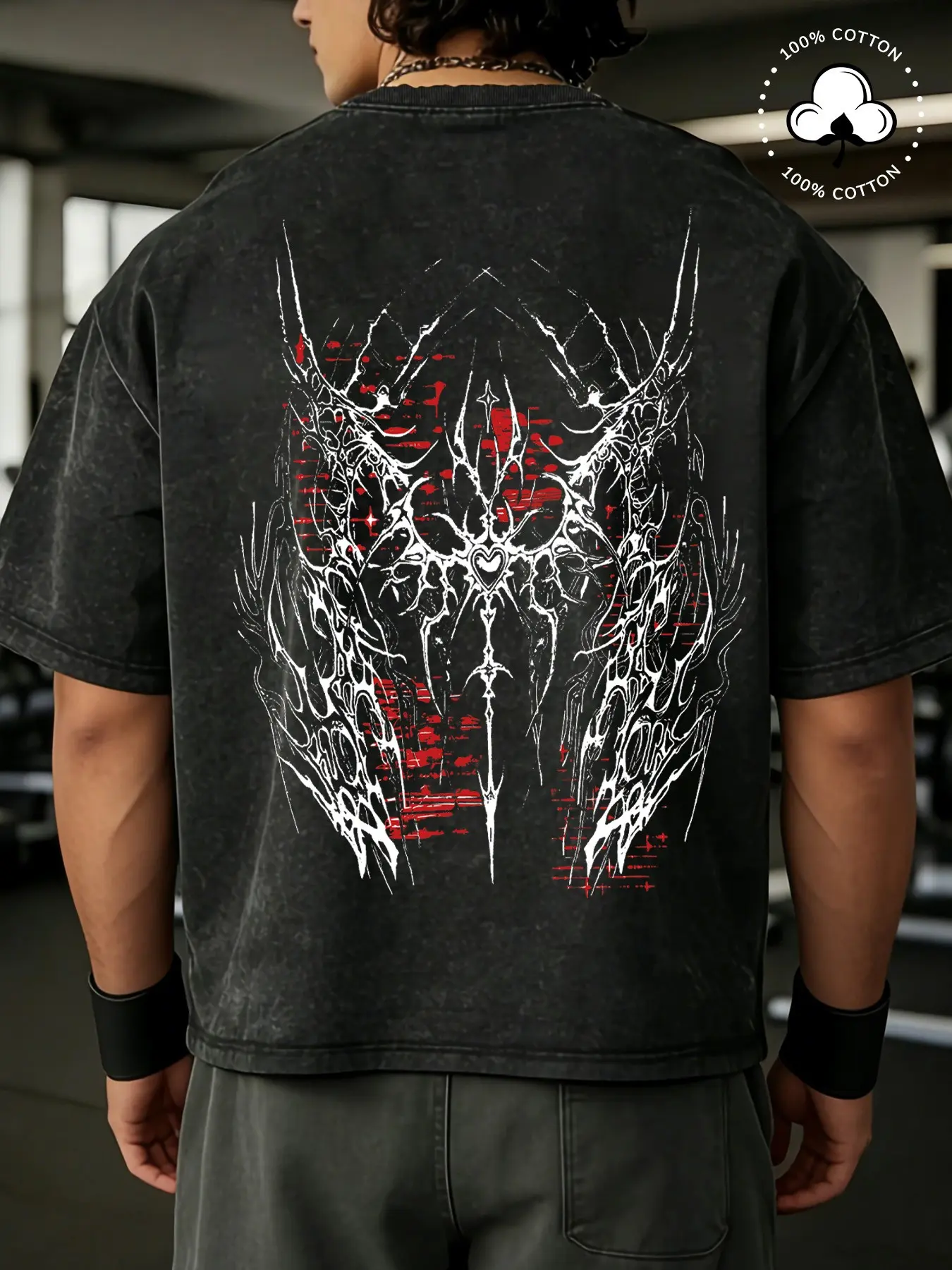 Men's Heavyweight Oversized T-Shirt - Cyber Gothic Liquid Metal Graphic Back Print - Vintage Acid Wash Charcoal Grey Tee - Premium Cotton Boxy Fit Relaxed Fit Casual Streetwear Fashion Menswear Top for Men & Women