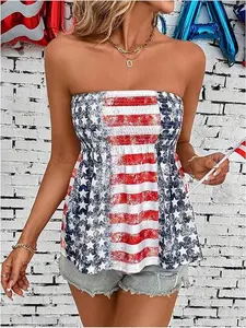 Women's American Flag Strapless Tube T-shirt - 250th Independence Day Patriotic Blouse, Flare Peplum Bandeau Top  for 4th of July Patriotic Celebration，Casual Flowy Summer Party Top