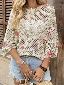 Spring Summer Women's Hollow Out Batwing Sleeve Round Neck Knit Top, Floral Plant Print, Casual Elegance Commute Wear, Bohemian Beach Cover-Up, Womenswear