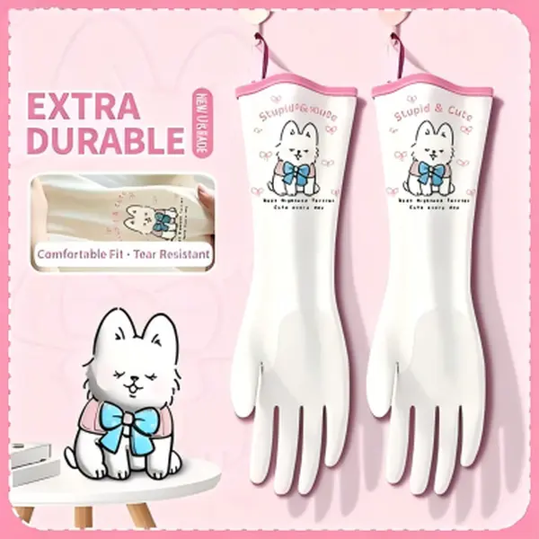 Cute Cartoon Nitrile Household Cleaning Gloves, Long Cuff Waterproof Non‑Slip Reusable Rubber Gloves For Dishwashing Kitchen Household Chores