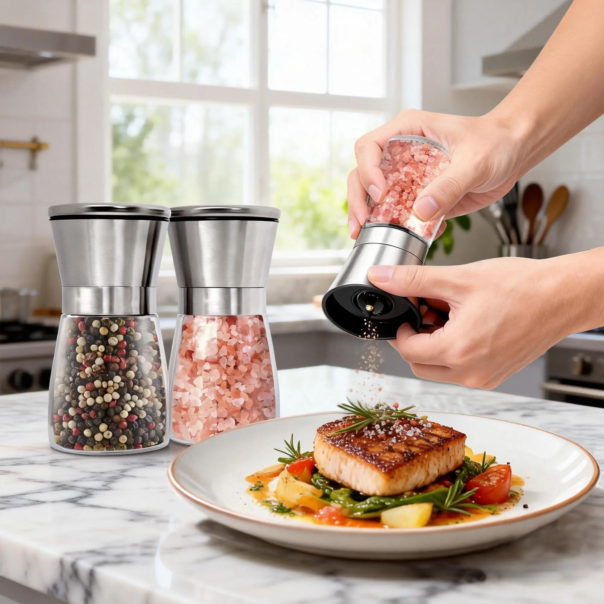 2-Pack Stainless Steel & Glass Salt and Pepper Grinder Set - Adjustable Coarseness Manual Transparent 180ml Spice Mills, Wide Mouth Lightweight Kitchen Seasoning Tools for Sea Salt, Black Pepper