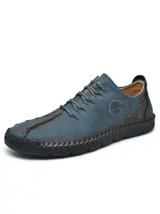 Men's Lightweight Driving Shoes PU Leather Casual Loafers, Comfortable Handmade Stitching Lace-Up Flats for All Seasons