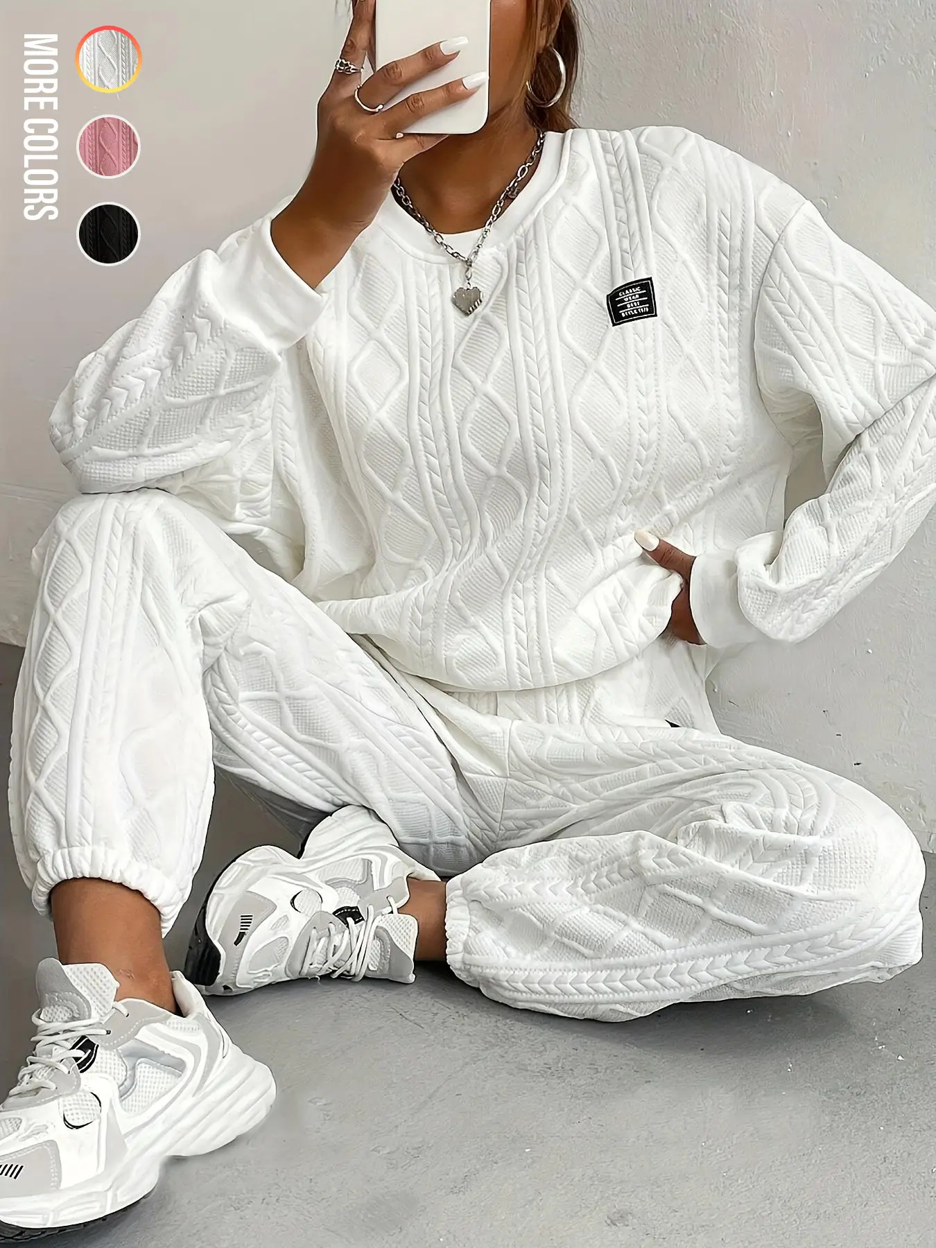 Women's Solid Patched Drop Shoulder Sweatshirt & Elastic Waist Pants Two-piece Set, Casual Fashion Cozy Round Neck Long Sleeve Pullover & Trousers for