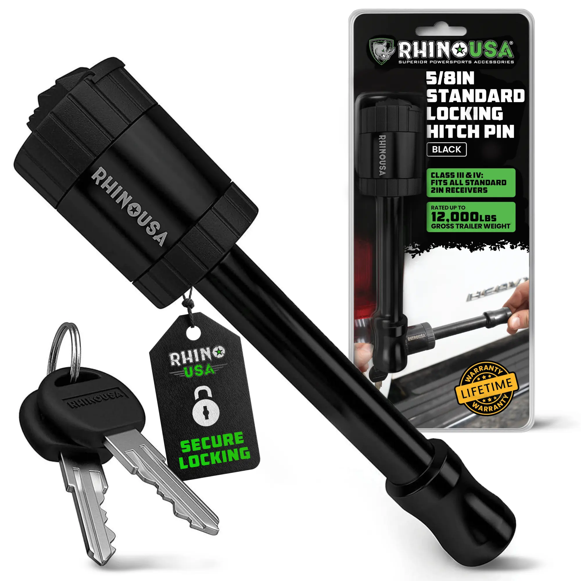 Rhino USA Trailer Hitch Pin (2 Inch) Patented 5/8" Locking Receiver Hitch Pins for Class III IV Hitches