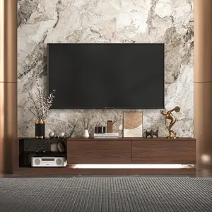FUFU&GAGA Floating TV Stand with LED Lights, Modern Walnut Media Console with Glass Shelves for Living Room