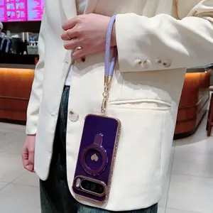 Fashionable Lanyard Stand Smartphone Case for Google Pixel 7a 8a 9a 10a 8 9 10 Pro Xl, Electroplated Heart Design, Simple Protective Cover